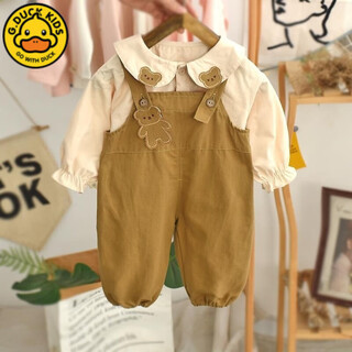 G.DUCKKIDS女童背带裤套装长袖2025新款韩版网红宝宝衣服时髦可爱潮婴儿潮衣 卡其色小熊套装 80