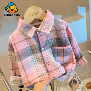 G.duck little yellow duck children's retro plaid shirt autumn new girls korean lapel jacket boys long sleeve fashionable y pink shirt 90 cm
