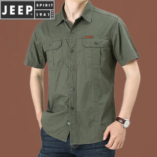Jeep spirit summer men's short-sleeved shirt loose large size casual shirt half-sleeved outdoor workwear washed top 8808 military green xl
