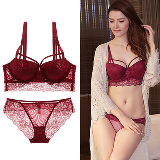 Victoria palace sexy lace underwear small breast expansion push-up bra anti-sagging, secondary breast support large size bra set burgundy 75b/34 with m size panties