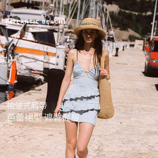 Atlanticbeach2025 new popular one-piece swimsuit for women, beautiful seaside vacation suspender blue cake skirt style hot spring swimsuit