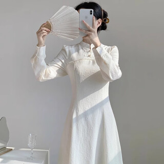 Acjk improved cheongsam white long-sleeved dress for women in autumn and winter new chinese style national style can usually wear engagement bridesmaid dress off-white version xl