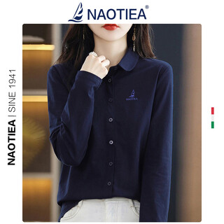 Naotiea italian sailboat lapel long-sleeved polo cardigan for women 2025 autumn and winter new brand bottoming inner top navy blue l (recommended 100-115 jin jin equals 0.5 kg)