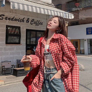 Lugeli shirt jacket for women spring and summer 2025 new retro plaid long-sleeved shirt niche design loose cardigan red plaid shirt l