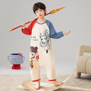 Ao bing children's one-piece pajamas for boys spring and autumn long-sleeved pure cotton youth anti-kick sleeping bag air-conditioned outer wear home clothes m201 nezha ao bing 100% cotton one size fits all size 8 recommended height 95-105cm
