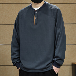 Yilang cool american classic textured striped sweatshirt for men 2025 autumn new trendy brand loose henry collar long-sleeved bottoming shirt blue gray m suitable for 115-130jin jin equals 0.5 kg