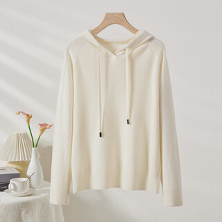 Chunzhu 100% pure wool hooded sweater, lazy style, versatile solid color pullover, warm sweater, women's top, cardigan, white l (100cm)