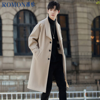 罗蒙（ROMON）男士风衣中长款毛呢大衣春秋高级感过膝风衣商务呢子外套杏色XL