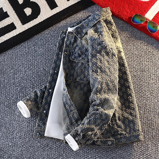 Kazuki kuraishi kazuki kuraishi american retro washed distressed jacquard high street denim jacket for men spring and autumn new fashion brand loose casual jacket for men yellow mud color xl 130-140jin jin equals 0.5 kg