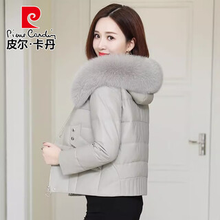 Pierre cardin 2026 new genuine leather down jacket women's sheepskin winter short small hooded fox fur collar jacket light gray m recommended 90-105jin jin equals 0.5kg