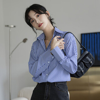 He jiagong shirt women's blue and white vertical stripes design niche shirt 2025 autumn new french high-end long-sleeved shirt blue and white stripes m recommended 98-112 jin jin equals 0.5 kg
