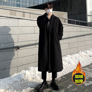 Kennedy woolen coat men's autumn and winter mid-length over-the-knee windbreaker men's korean style warm lapel british style winter jacket black (thick padded) 2xl 170cm-180cm