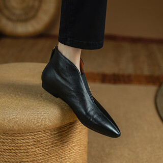 Belle step series brand broken sheepskin pointed toe v-mouth ankle boots for women spring and autumn single boots versatile flat soft sole small short boots black single lining 39