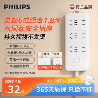 飞利浦（PHILIPS）6位组合孔 1.8米 儿童保护门 插线板/插排/排插/接线板/拖线板