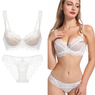 Victoria palace lace underwear feminine thin cotton eyelash bra large breasts show small push-up gather anti-sagging large size underwear set white 85c/38