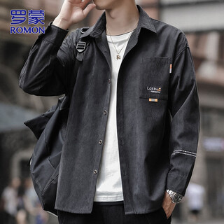 Romon long-sleeved shirt men's spring and autumn trendy casual jacket men's loose shirt men's black xl