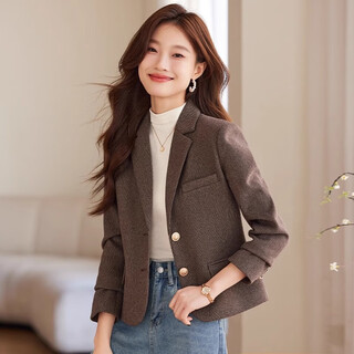 Punizi coffee color short woolen suit jacket for women 2025 autumn and winter new style small high-end casual woolen suit single piece coffee color suit s