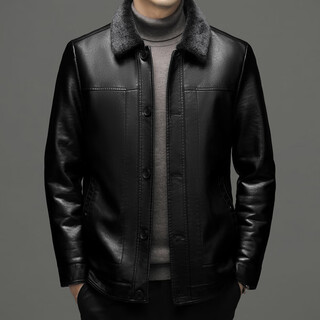 Hengyuanxiang leather jacket men's leather jacket winter lapel plus velvet thickened motorcycle casual fur all-in-one middle-aged dad jacket black xl
