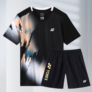 2025新款羽毛球服套装夏季透气速干运动短袖T恤训练比赛球衣印字 3922黑色套装-男款 2XL