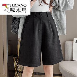 Woodpecker (tucano) high-waisted brown woolen five-quarter pants 2025 new women's spring, autumn and winter straight suit pants to wear casual wide-leg shorts 109 black woolen fabric 3xl 150-170jin jin equals 0.5 kg