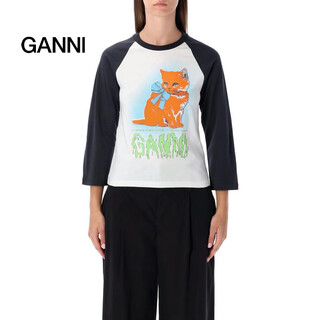 Ganni light luxury women's baseball cat pattern t-shirt bright white 20 | m