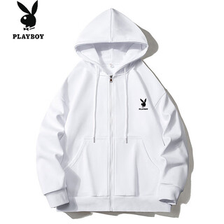 Playboy (playboy) autumn and winter cardigan sweatshirt men's trendy drawstring sweatshirt hooded top men's retro jacket white 2xl