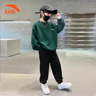 Anta children's suit for boys, middle and older children 2025 spring and autumn new sports 2-piece set for teenagers and girls sweatshirt and pants green + black basic sweatshirt + letter sweatpants 170 cm