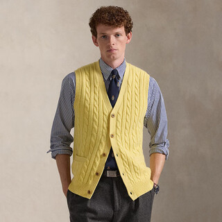 Ralph lauren ralph lauren autumn and winter new american edition men's knitted wool vest cable-knit cable knit cardigan vest yellow/fall yellow xs
