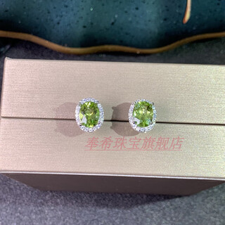 Fengxi special new natural peridot earrings 925 silver platinum plated seiko inlaid simple earrings 6*8mm