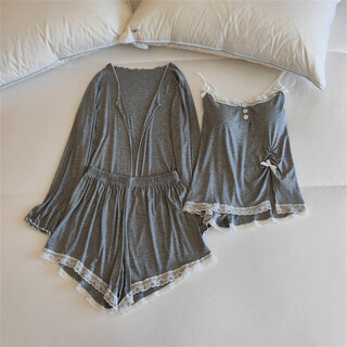 Goldlion带胸垫睡衣女春秋季长袖三件套性感灰色V领吊带家居服可外穿薄款 短裤三件套3390.3#浅灰(固定胸垫) M 【80-100斤】