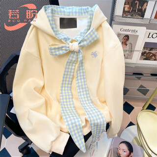 Ruopeng 2025 spring and autumn new style butterfly plaid strap hooded sweatshirt sweatshirt for men and women, versatile and casual, apricot color, velvet style, m 80-105jin jin is equal to 0.5kg