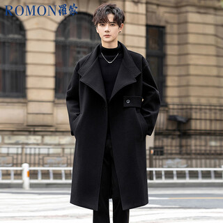 Romon woolen coat men's mid-length knee-length coat spring and autumn british business men's high-end windbreaker black xl
