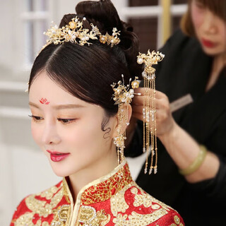 Hengjiu ye lao phoenix gold store style chinese xiuhe clothing headwear bride wedding attractive phoenix crown hanfu full set wedding hair accessories picture set (ear clip style)