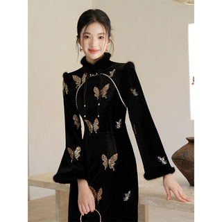 Chuchanyishi velvet dress for women 2025 winter black gold slimming and noble temperament butterfly bead embroidered new chinese style national style improved cheongsam zhumo l (ready in stock)