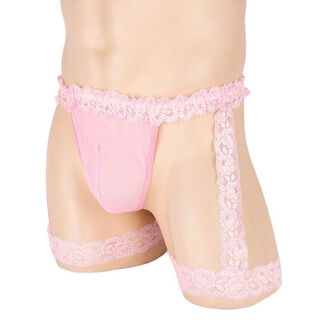 Lace suspender thong men's transvestite sexy underwear transparent mesh thong leggings short pink one size