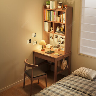 Huixun solid wood desk with bookshelf student home study table hole board computer desk small apartment bedroom bedside writing desk black walnut color #desk + bookshelf 70cm*60cm*75cm total height 190cm