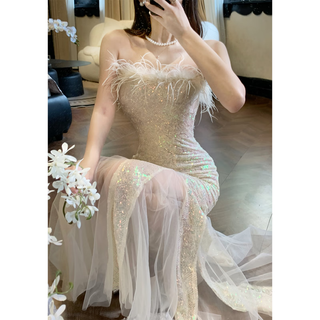 Gjfdgood job jing huan feather tube top mermaid waist dress suspender fishtail skirt temperament dress jing huan s (detachable shoulder strap)