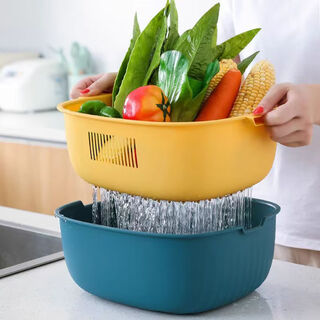 Wilkie vegetable sink, vegetable basket, drain basket, vegetable basket, vegetable basket, vegetable basket, fruit plate, fruit plate, fruit bowl, fruit plate, double-layer u-shaped medium-blue and yellow