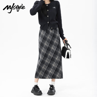 Mj style woolen plaid skirt women's 2025 new spring and autumn high-waist slimming slit hip-covering mid-length skirt black gray l