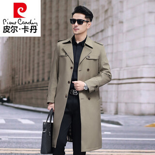 Pierre cardin high-end brand authentic men's windbreaker knee-length long coat solid color versatile casual windbreaker suit collar khaki m 170 (100-120jin jin equals 0.5 kg)