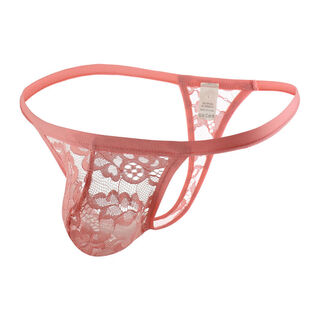 Men's thong lace underwear sexy single thong transparent hollow mesh t underwear thin edge breathable briefs pink lace mesh m