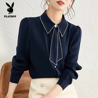 Playboy (playboy) fashion commuting ribbon shirt women 2025 spring and autumn new temperament niche versatile professional long sleeve bottoming shirt women blue l