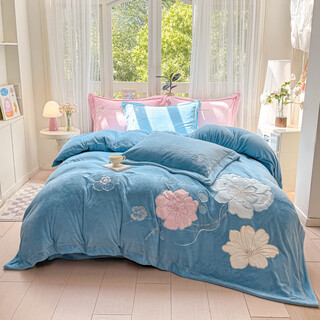 Mercury series home textiles 2025 new solid color embroidered floral milk velvet four-piece set for winter warmth plus velvet double-sided thickening daisy-baby blue bed sheet style 1.5m four-piece set