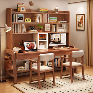 Huixun solid wood double desk bookshelf integrated table student home study table liftable bedroom wall extension computer desk walnut color #double desk + bookshelf 160cm*60cm*75cm total height 190cm