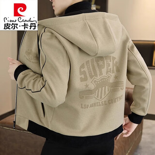 Pierre cardin high-end woolen coat men's spring and autumn new casual hooded jacket men's winter short woolen coat khaki-regular-m76 xl