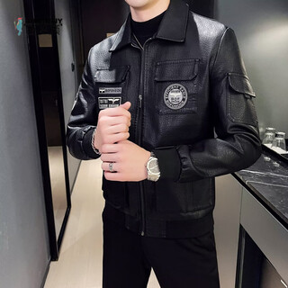 逐梦颜（ZHUMENGYAN）皮夹克外套男士2025春秋新款军旅风飞行员大码宽松型立领刺绣男皮 黑色【专柜高端皮衣】 M