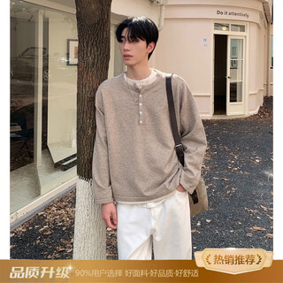Xuansentu fake two-piece henley sweatshirt men's autumn loose lazy style long-sleeved t-shirt american retro inner layering shirt glutinous beige upgraded model m