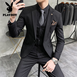 Playboy (playboy) groom suit suit men's three-piece wedding dress casual formal handsome small suit korean version slim british 9905 black three-piece suit (suit + vest + trousers) 2xl