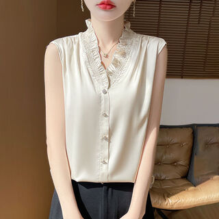 Hot style light luxury french lace collar v-neck sleeveless vest fungus edge sleeveless shirt women's style top champagne color 2xl recommended 135-150jin jin equals 0.5 kg