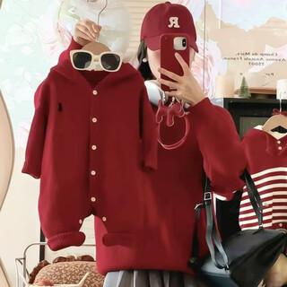 Wonst chinese new year parent-child outfit red sweater 2025 autumn and winter new style family of three mother-child outfit hooded romper full moon 2755 red (embroidered horse) 170 adults m